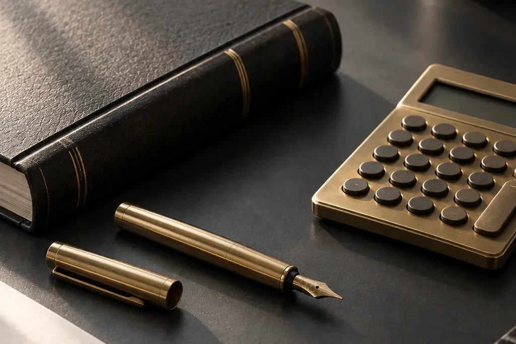 Brass calculator, gold fountain pen and a leather-bound book on a dark desk