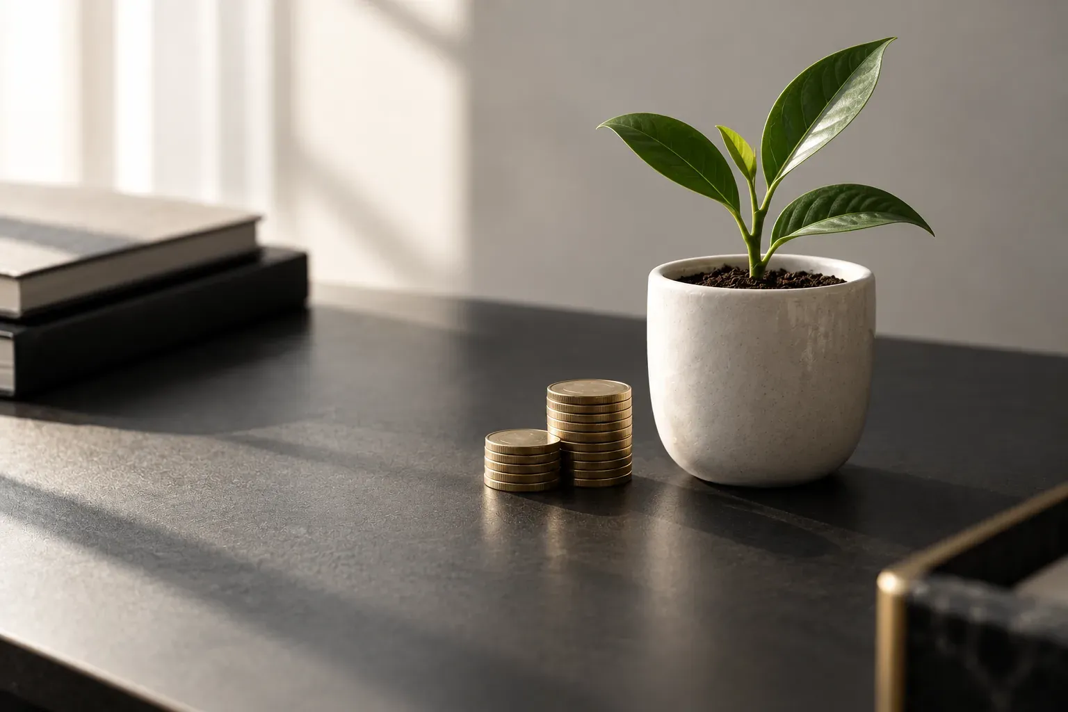 Stacks of gold coins beside a young green plant in a white pot on a dark desk