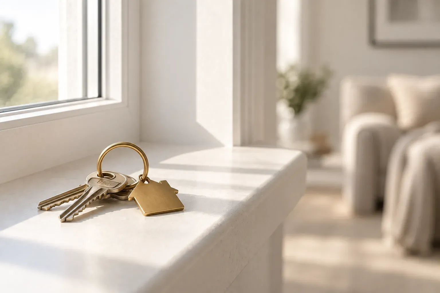 Set of house keys with a gold house-shaped key ring on a sunlit windowsill