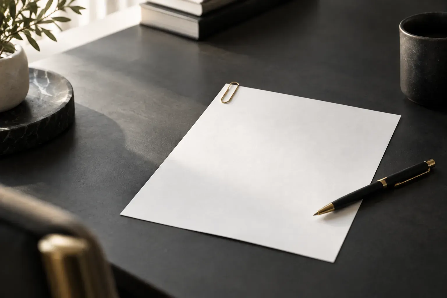 Blank sheet of white paper with a gold paperclip and pen on a dark desk