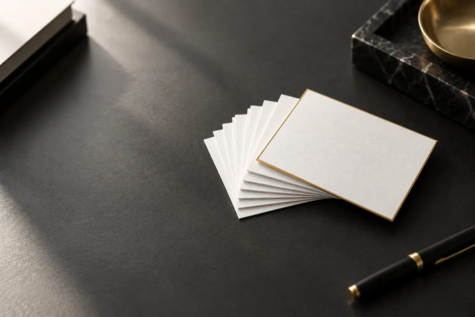 Fanned stack of blank white cards, the top card edged in gold, on a dark desk