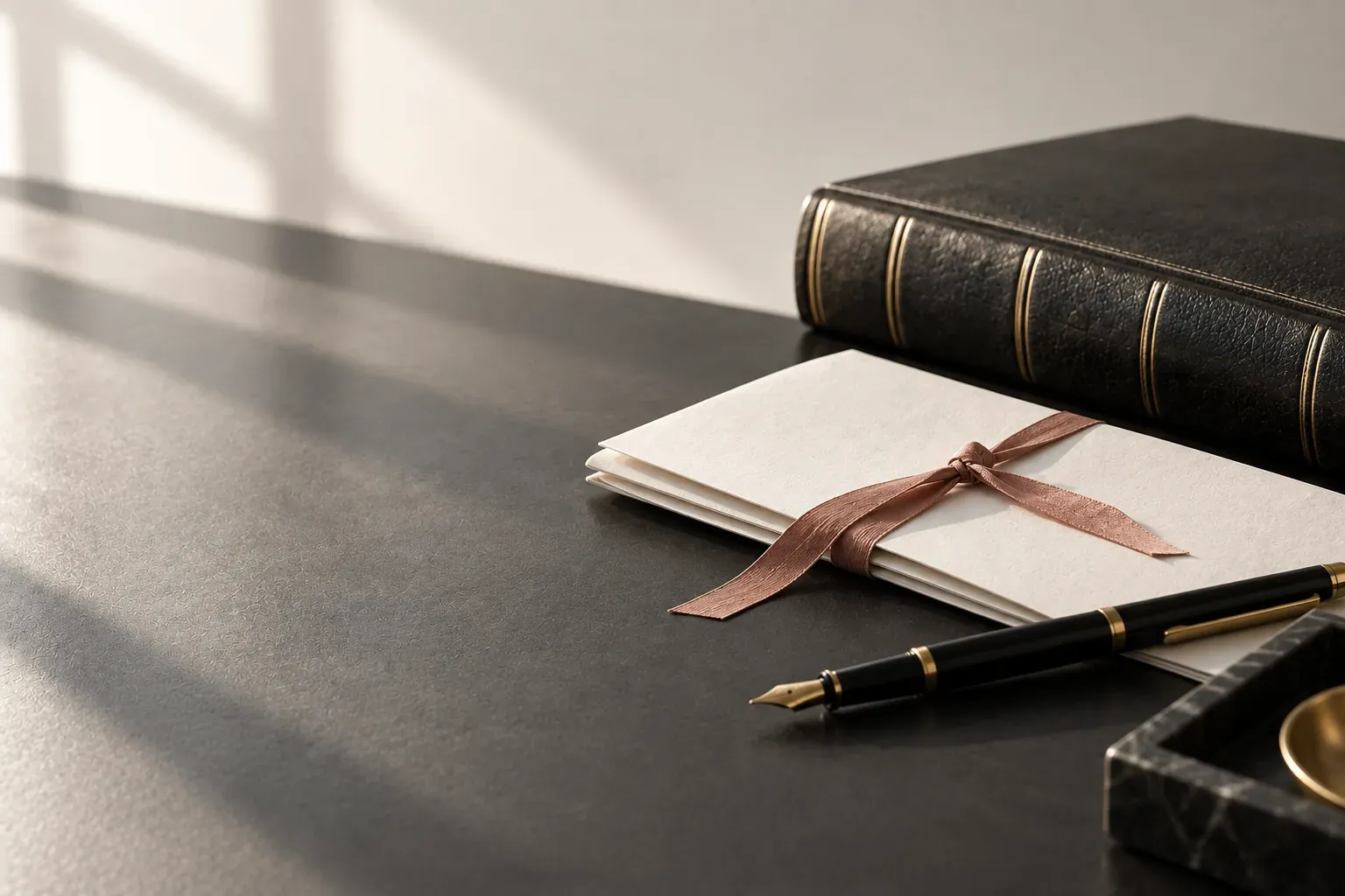 Folded documents tied with pink legal ribbon beside a leather-bound book and fountain pen