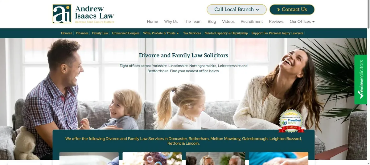 Andrew Isaacs Law homepage: teal navigation over a photograph of a family on a sofa, with a teal services panel below.