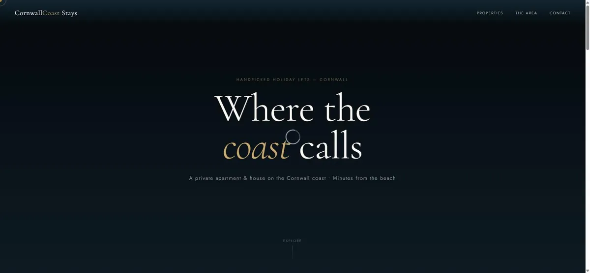 Cornwall Coast Stays homepage: dark navy hero with a cream serif headline and gold accents.