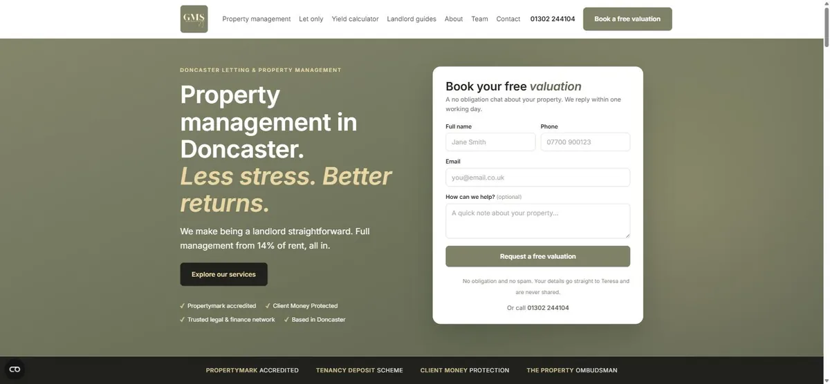 Glynn Management Services homepage: olive green split layout with a headline on the left and an enquiry form card on the right.