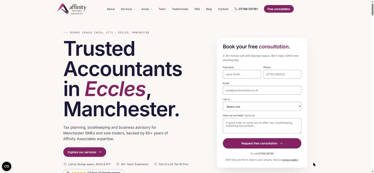 Isaacs & Co homepage: white page with a large navy headline, magenta accents and a consultation form.